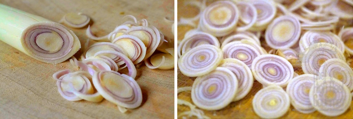 These are the parts that we use for the curry paste. The middle is thick, with purple rings surrounding it.