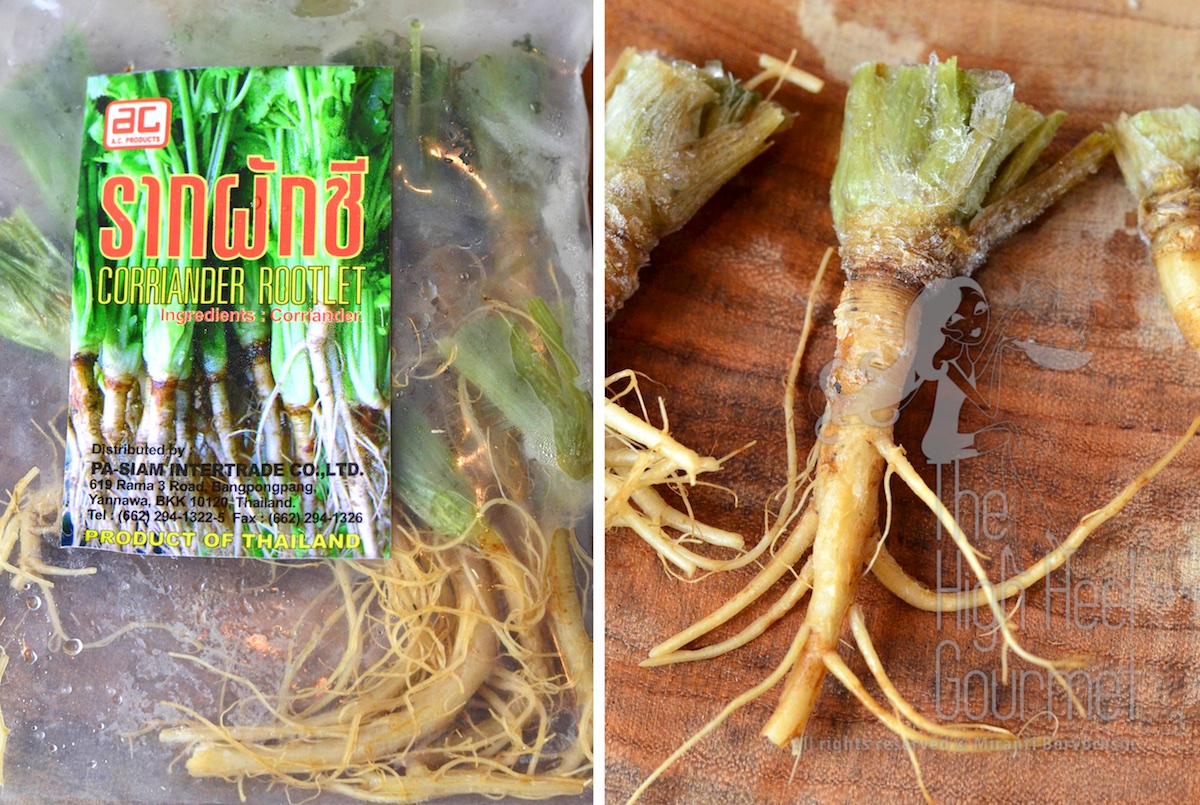 Left: Bag of frozen coriander.  Right: The root is ready to be used. I normally scrape the skin off the root first.