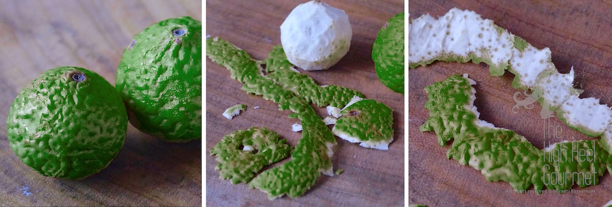 Left: My small backyard kaffir limes. Middle: Peeled zest from the lime. Try to leave the white out as much as possible. Right: That's the amount of white I left on the zest.