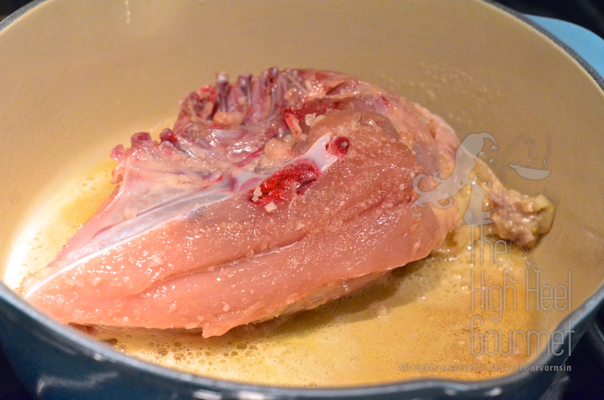 Put the chicken in, skin-side down first, and cook until the skin is crispy and slightly brown.