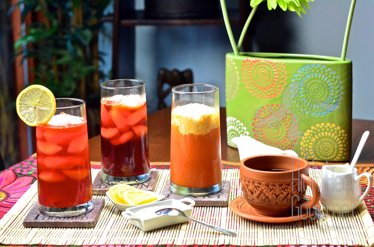 From left to right: 1) Cha Ma Naw, Sweeten ice tea with lime or lemon (#4 on list) 2) Cha Dam Yen, Sweetened ice tea (#3 on list) 3) Cha Yen, Sweetened ice tea with sweet condensed milk (#1 on list) and in this picture topped with cream. 4) Cha Ron, sweetened tea with sweet condensed milk (#2 on list)