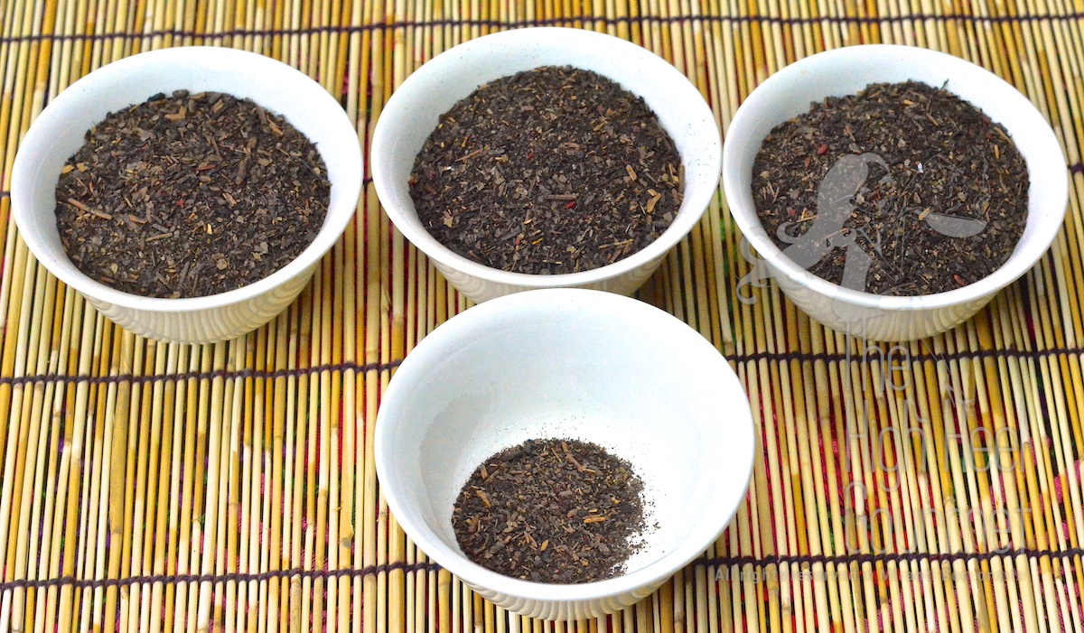 These are the tea leaves from the different brands. From top row left to right: Asian Chef brand, Chicken brand, Pantai brand, Bottom row: AC brand.