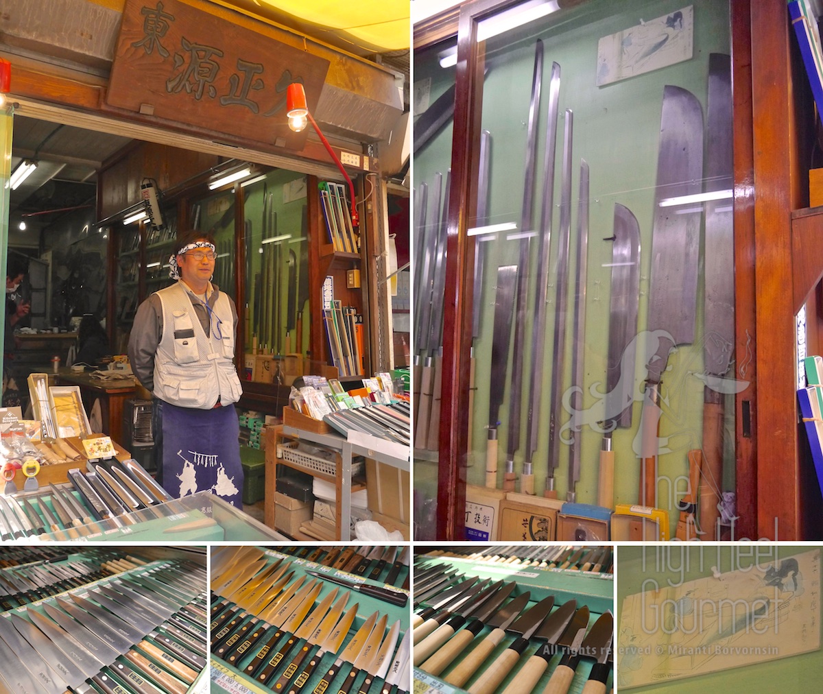 This is one of many knife shops at Tsukiji market. in the picture showed the "Tuna knifes", a set of very long knifes at least about 4.5-5 feet long, in the cabinet and the small picture on the bottom left showed how to use them.