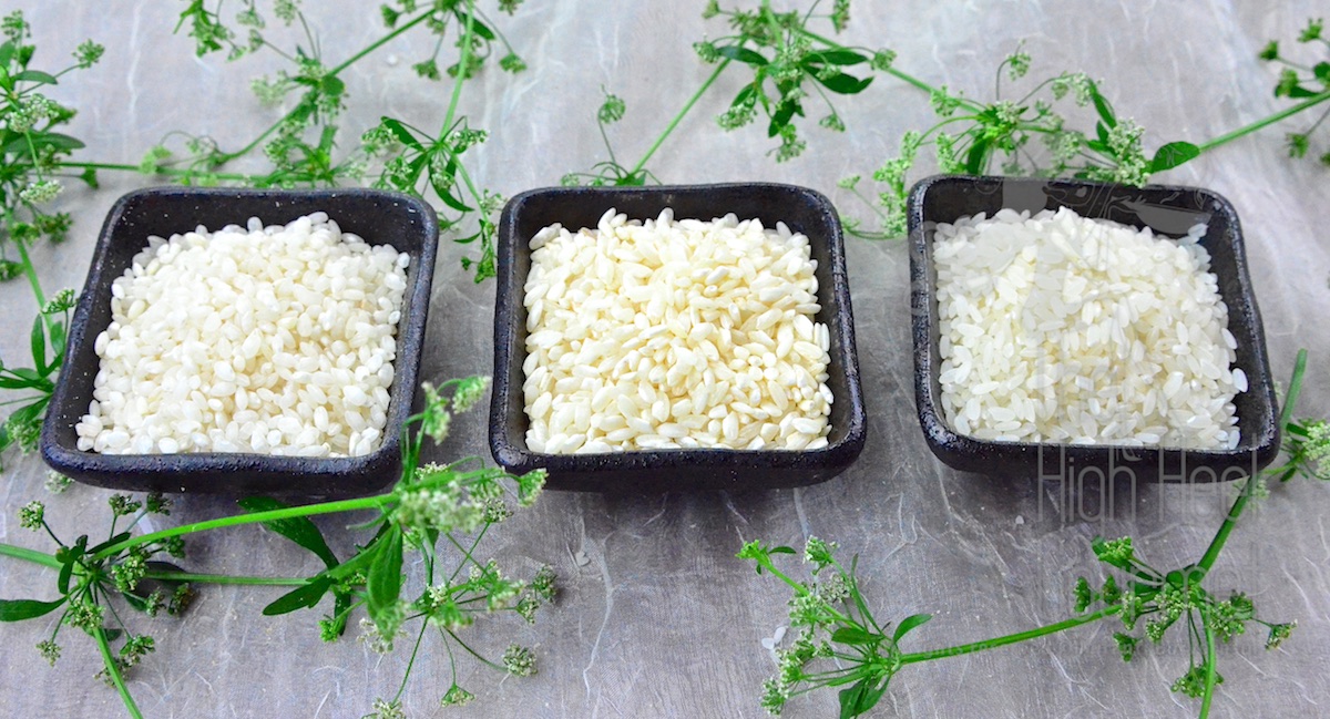 Three different type of short grain, From left: Bomba Rice, Arborio Rice, Calrose Rice